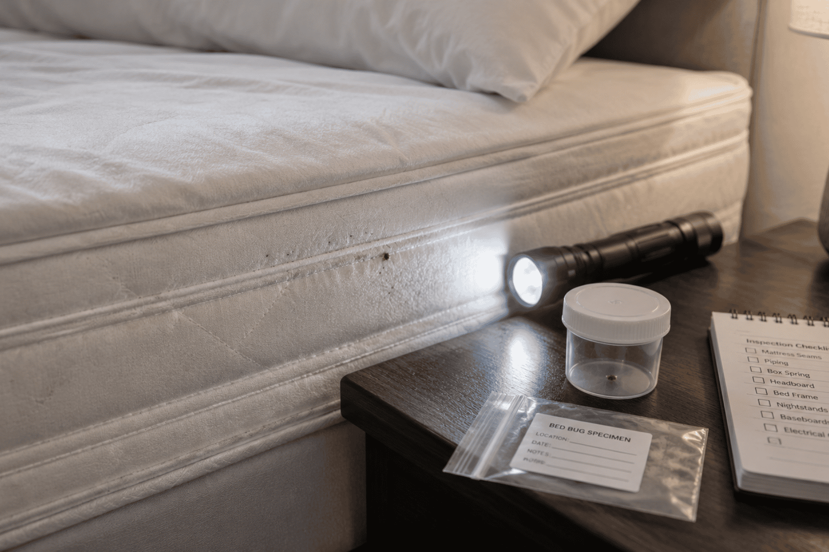 Mattress seam inspection with flashlight and bed bug evidence