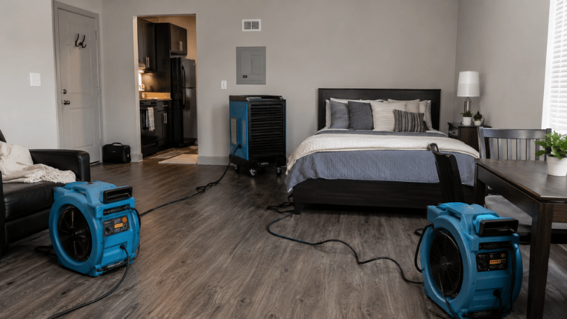 Apartment room with professional heat treatment equipment for bed bug control