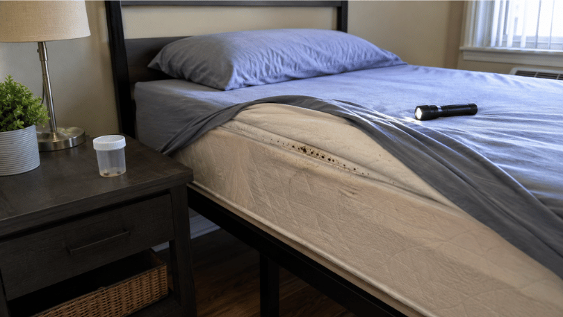 Apartment bedroom being checked for bed bug activity near mattress seams